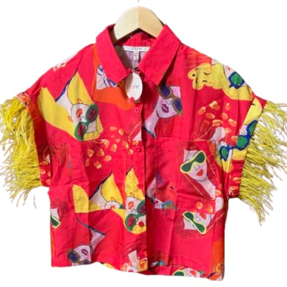 NWT Pastel Colorful Graphic Shirt with Fringe Sleeves Size Medium Set of Two